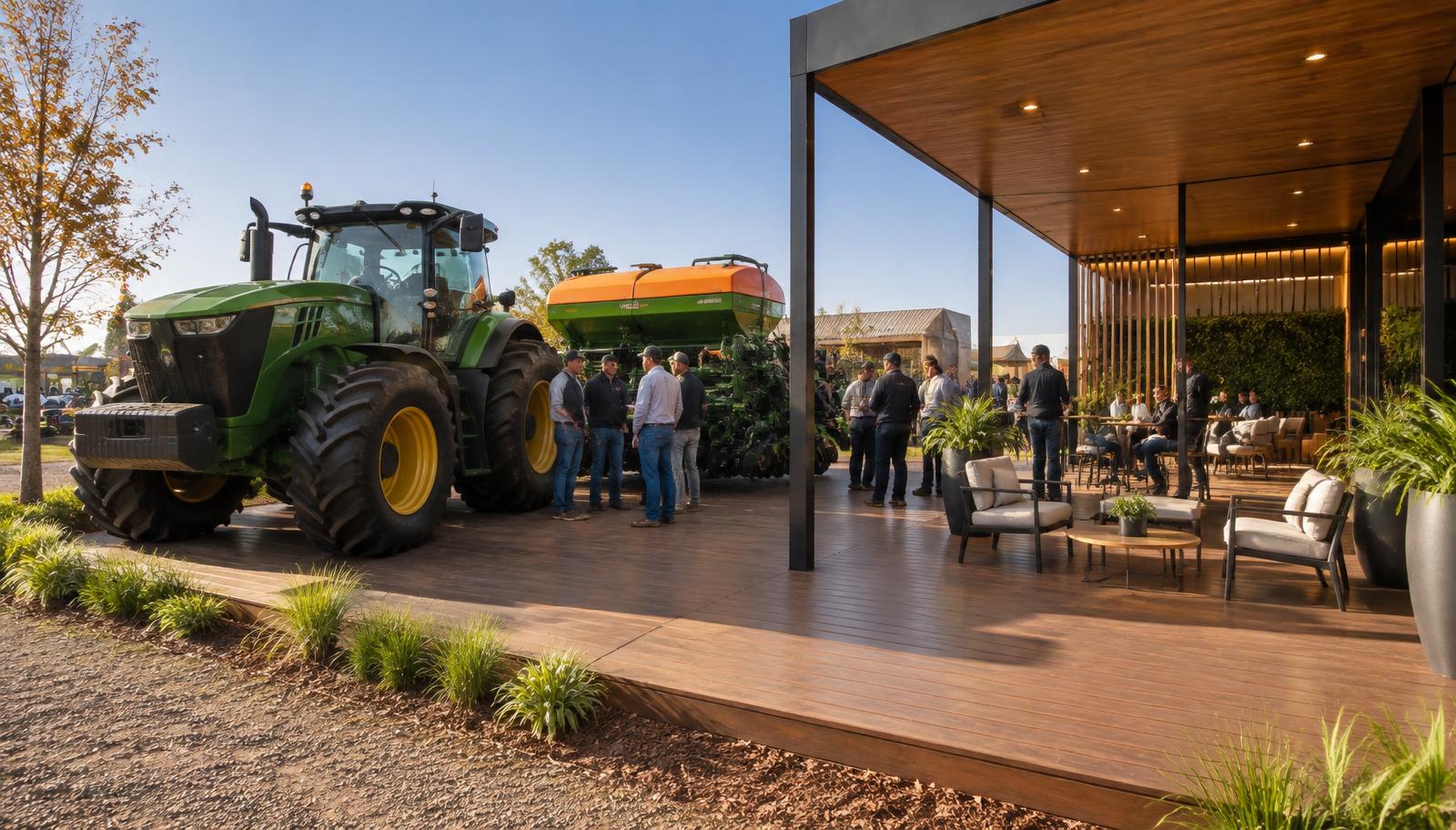 Stand externo com trator, implemento agrícola, piso deck e lounge para atendimento comercial