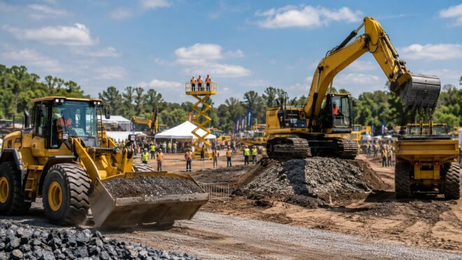 Escavadeira, pá carregadeira e caminhão fora de estrada em demonstração dinâmica ao ar livre na Arena M&T Expo, com público assistindo atrás de grades