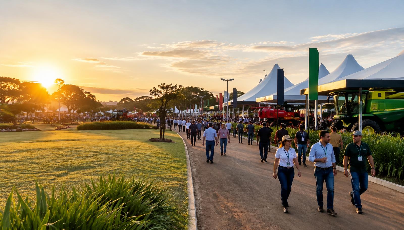 Alameda de feira agropecuária em Londrina com stands externos, máquinas agrícolas e visitantes ao amanhecer