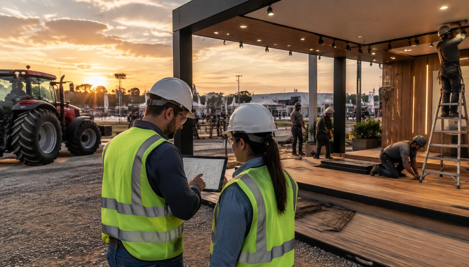 Profissionais com equipamentos de proteção conferem montagem de stand externo em feira agropecuária