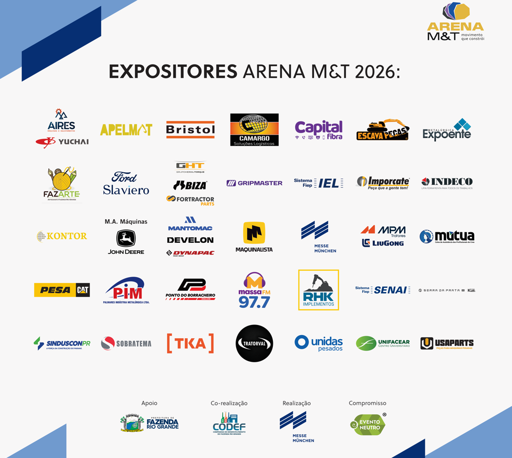 Painel com os logotipos dos expositores da Arena M&T 2026, apoio da Prefeitura de Fazenda Rio Grande, co-realização CODEF e realização Messe München
