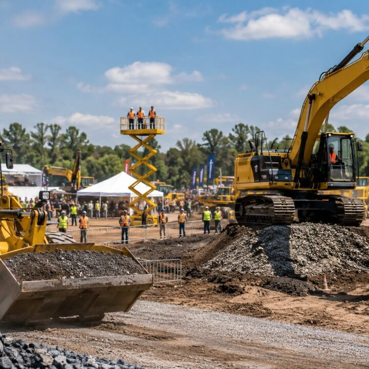 Pá carregadeira e escavadeira posicionadas em campo de demonstração da Arena M&T Expo, com tendas brancas e público de capacete ao fundo