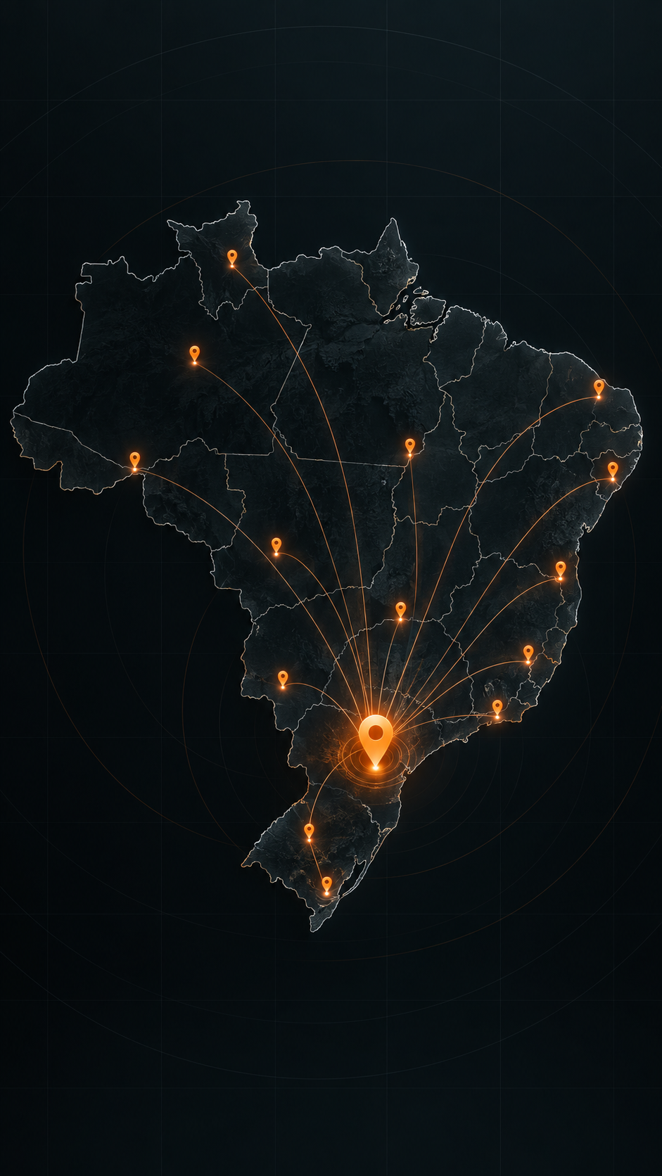 Mapa do Brasil com conexões entre cidades atendidas pela DL Feiras e Eventos