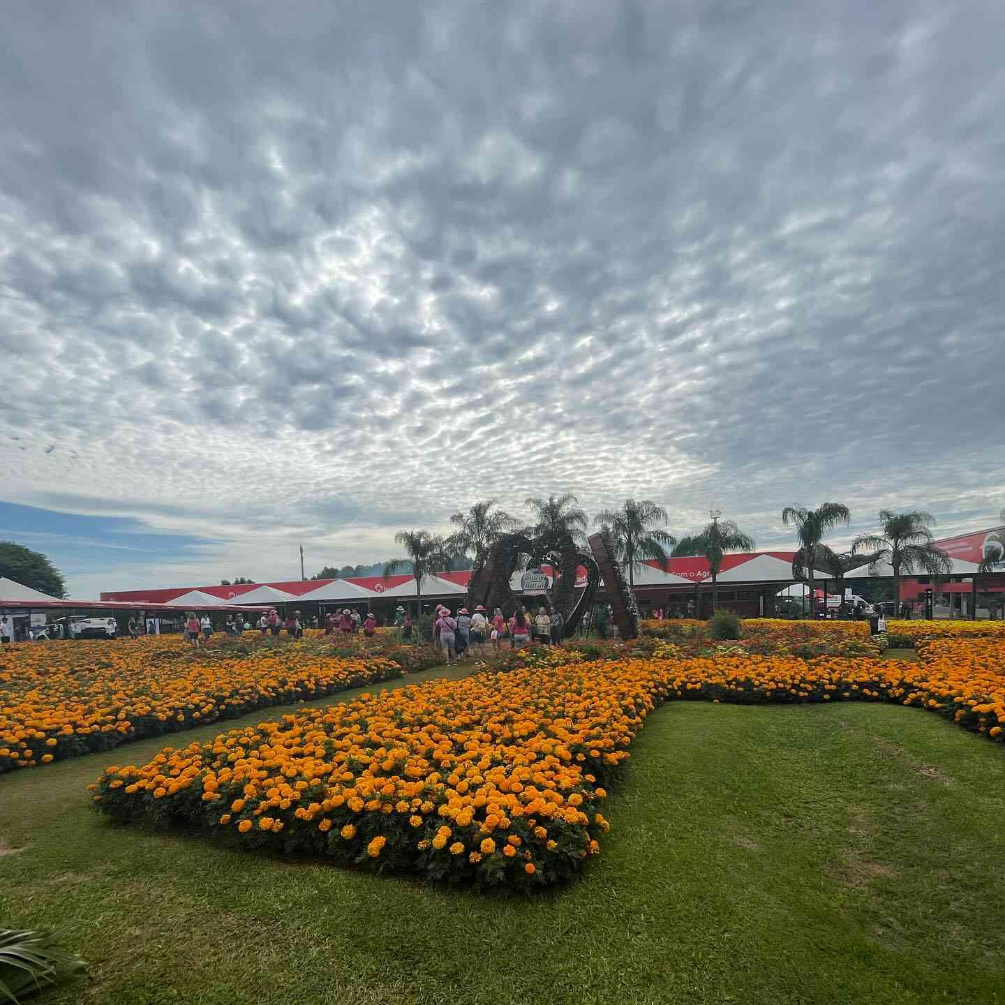 Área de entrada do Show Rural Coopavel com jardins floridos, palmeiras e pavilhões de expositores ao fundo