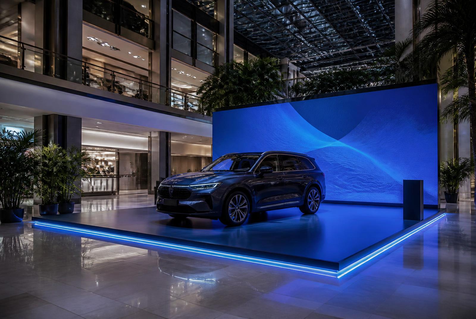 Exposição de veículo sobre praticável com LED em atrium de shopping