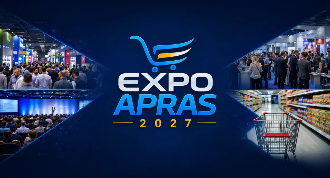 Banner da ExpoApras 2027 com corredores de estandes, público, palco de congresso e gôndolas de supermercado