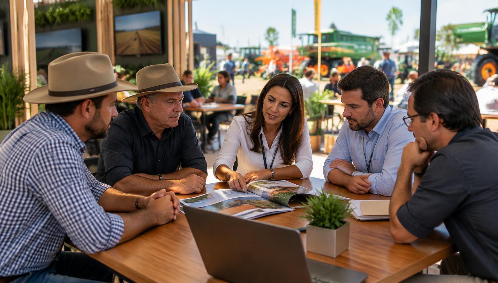 Produtores e equipe comercial reunidos em mesa dentro de stand de feira agrícola
