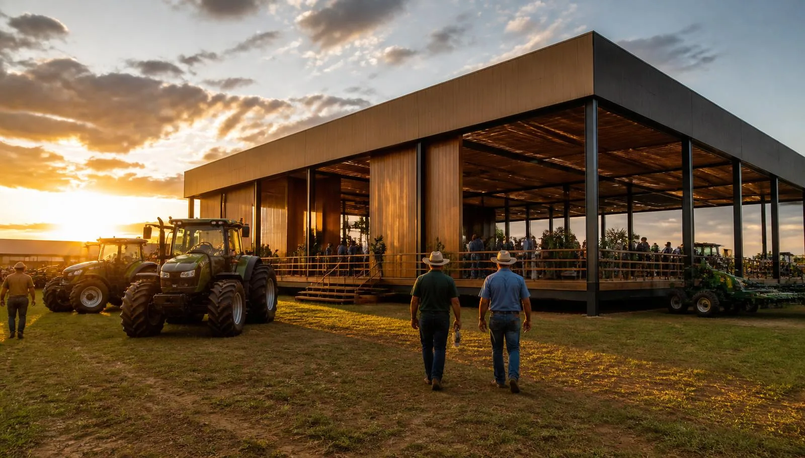 Stand de alto padrão para feira do agronegócio ao entardecer, com maquinário agrícola exposto e deck elevado — montadora de stands para o Show Rural Coopavel em Cascavel