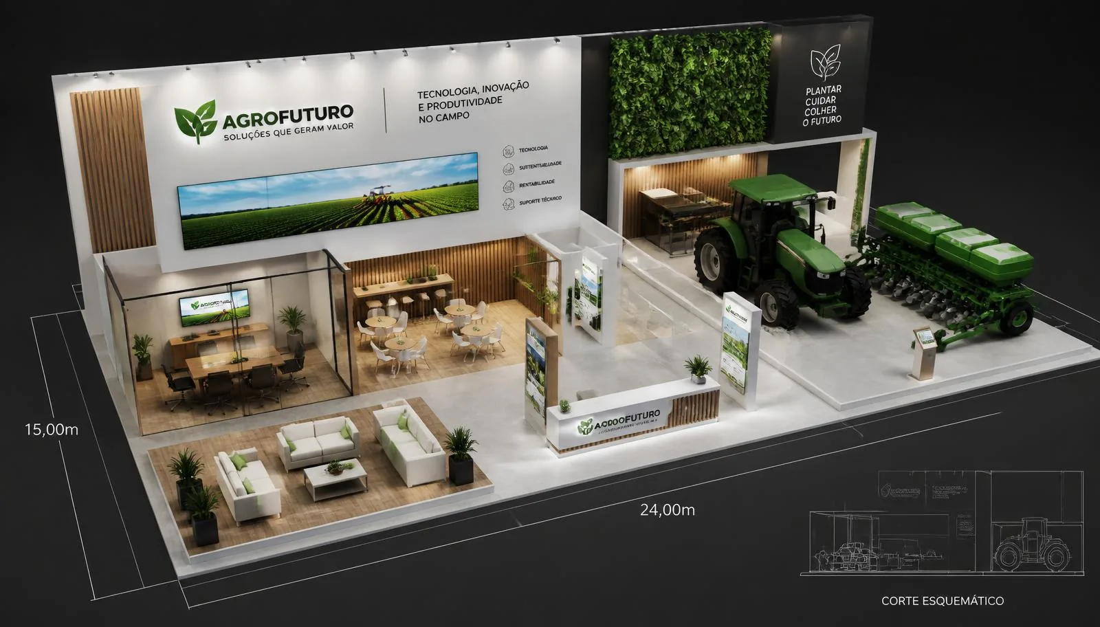 Projeto 3D de estande para feira do agronegócio com lounge, sala de reunião e área de exposição de maquinário