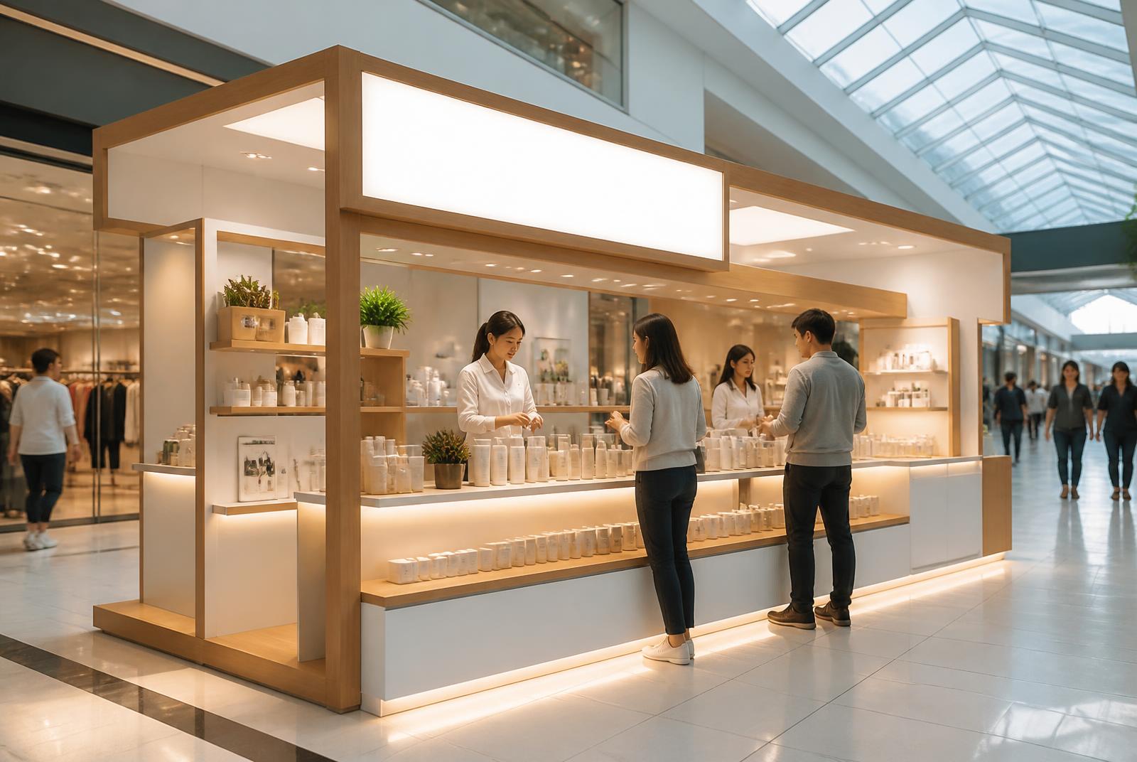 Quiosque em shopping com vitrines, prateleiras iluminadas e atendimento