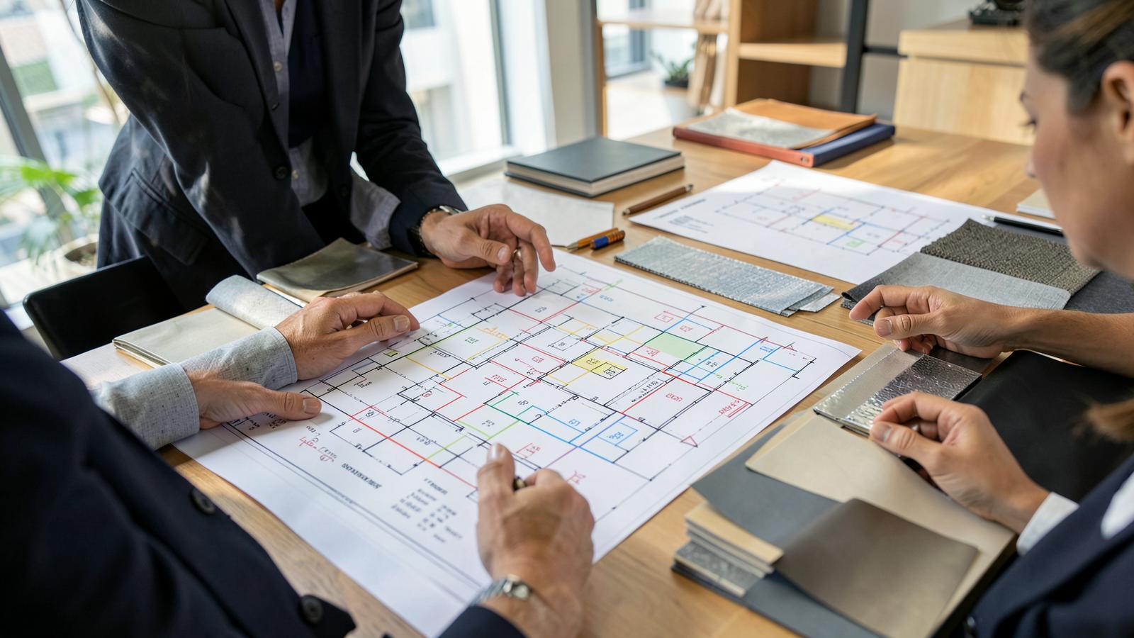 Profissionais analisando planta e amostras de materiais para um stand
