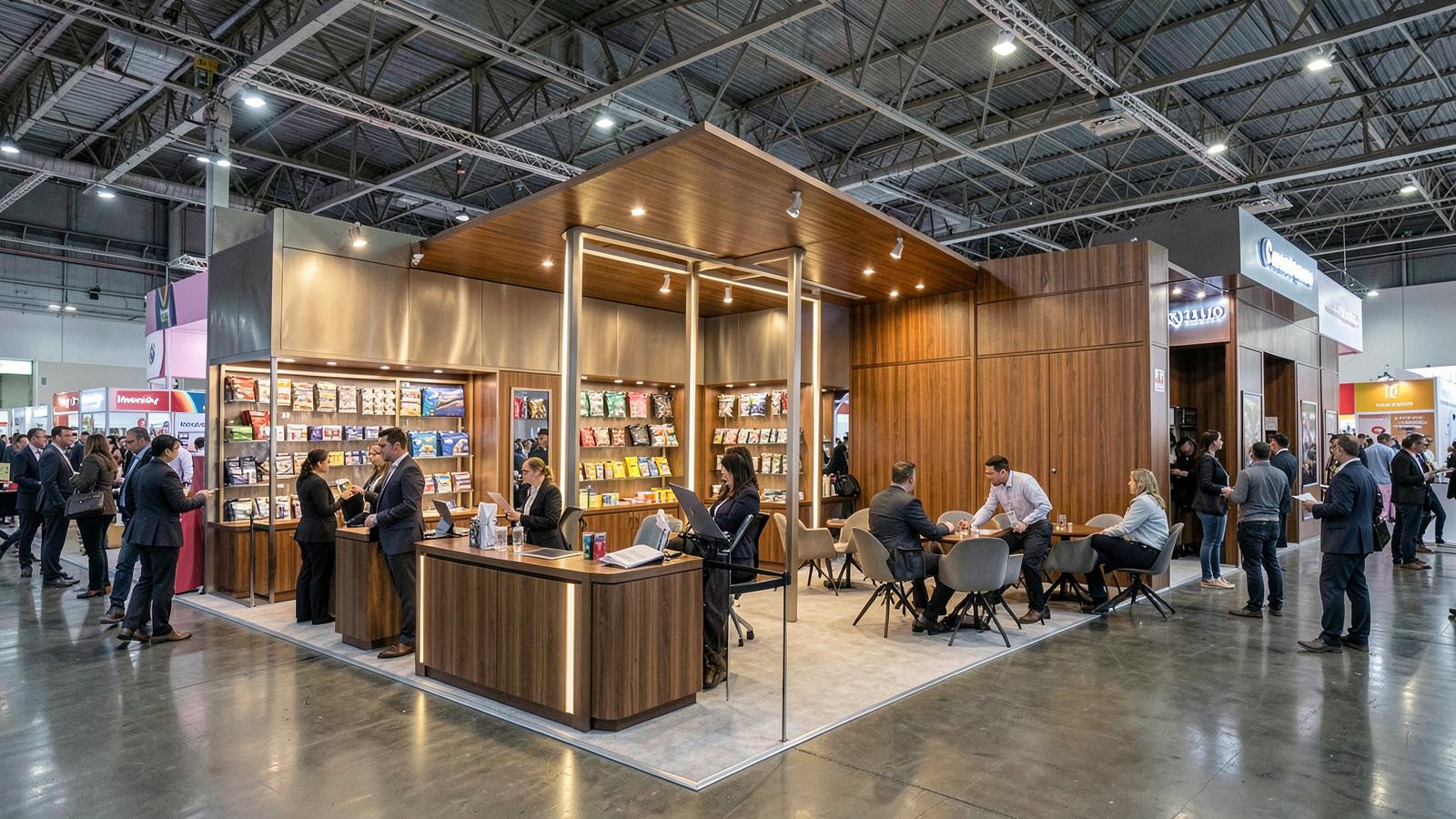 Stand concluído com recepção, exposição de produtos e área de reuniões
