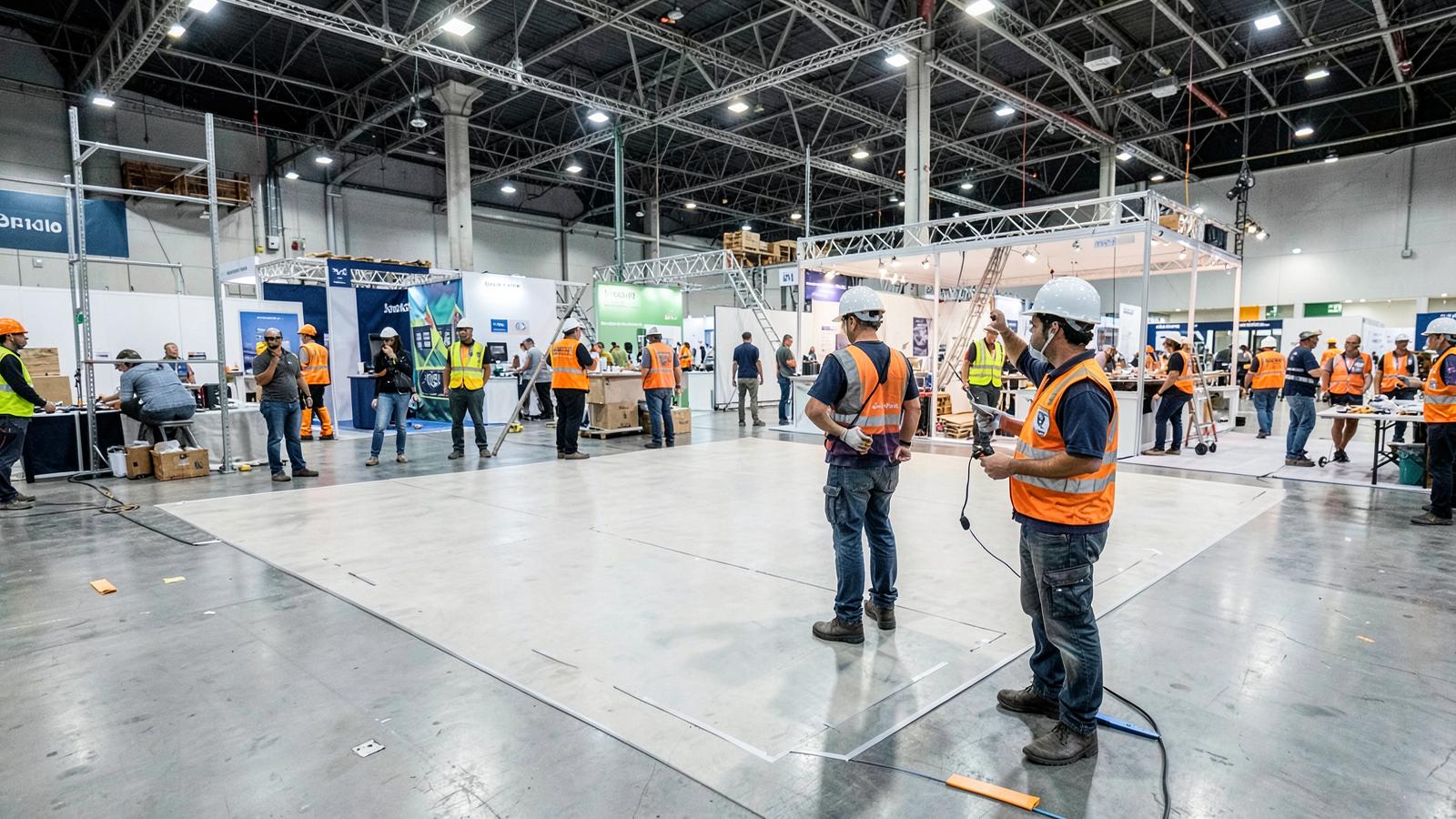 Equipe técnica verificando o espaço de um stand durante a montagem da feira