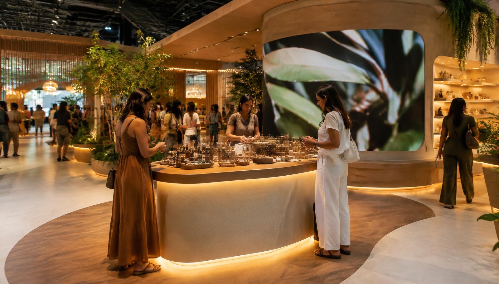 Ativação de marca com cenografia interativa, produtos expostos e circulação acessível