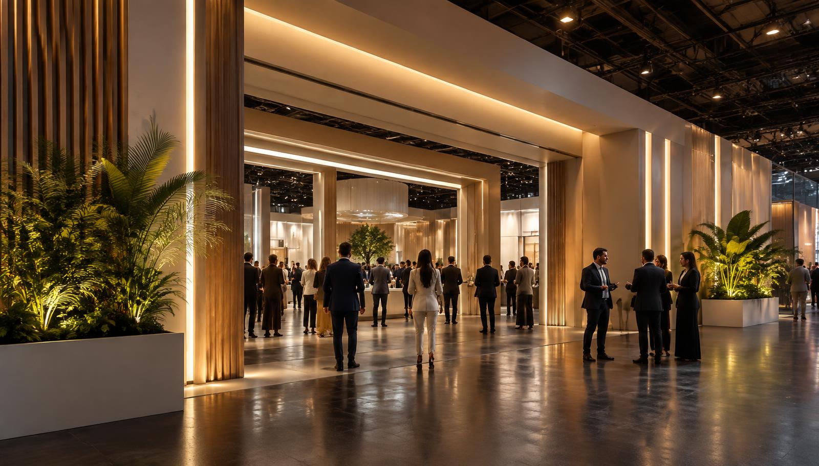 Cenografia premium em evento corporativo com iluminação arquitetônica e visitantes