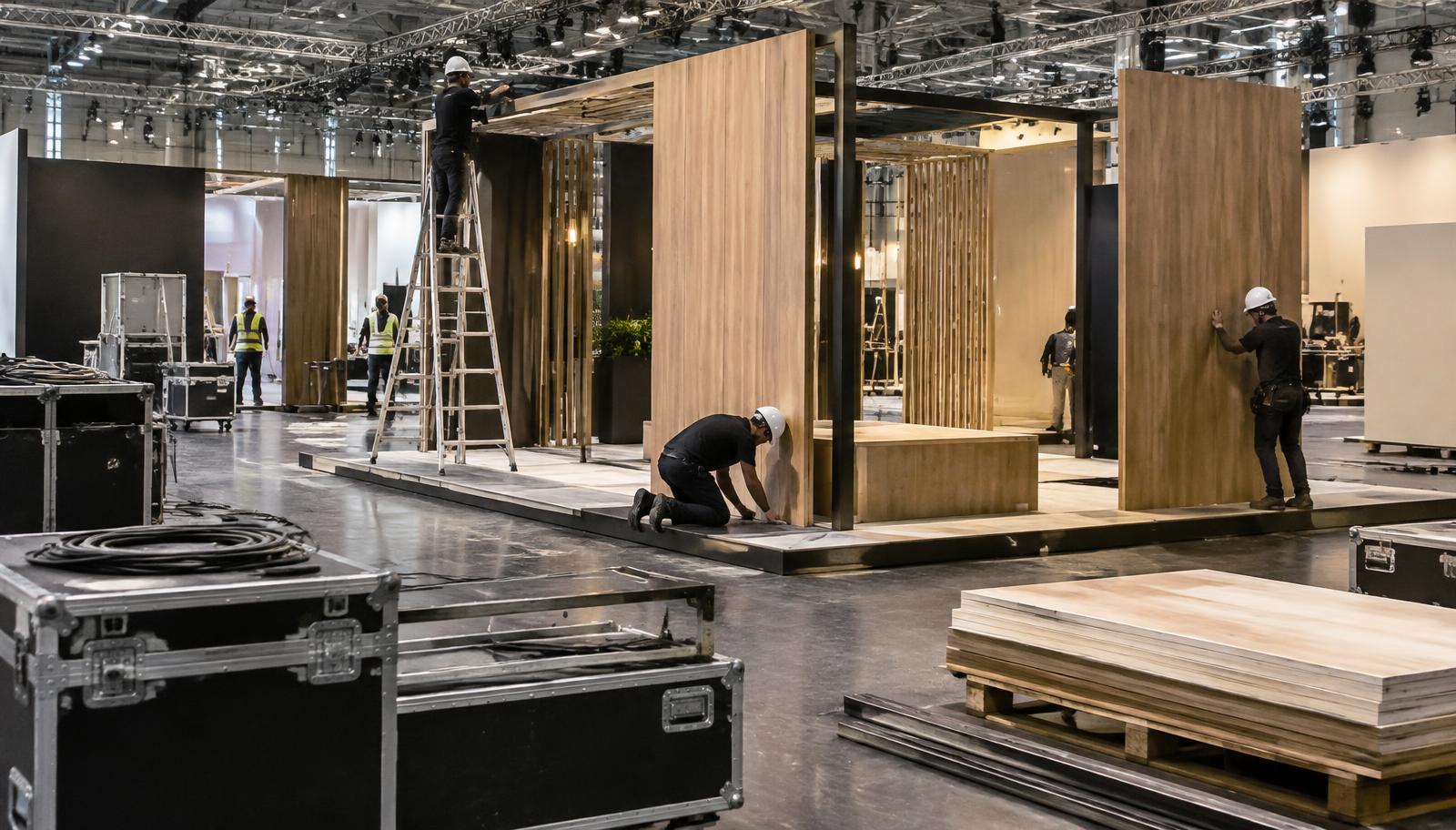 Montagem organizada de cenografia modular com painéis reutilizáveis e equipe protegida