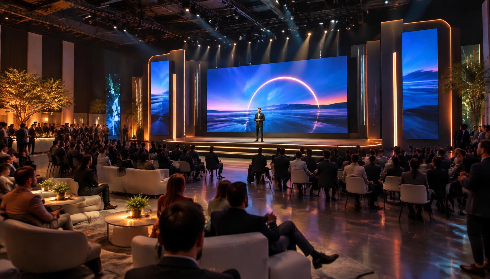 Palco de evento corporativo com painéis digitais, iluminação cênica e plateia