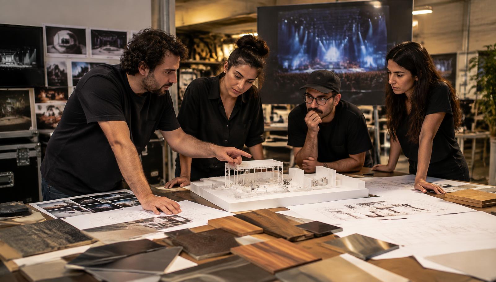 Equipe de cenografia analisando maquete, plantas e amostras de materiais