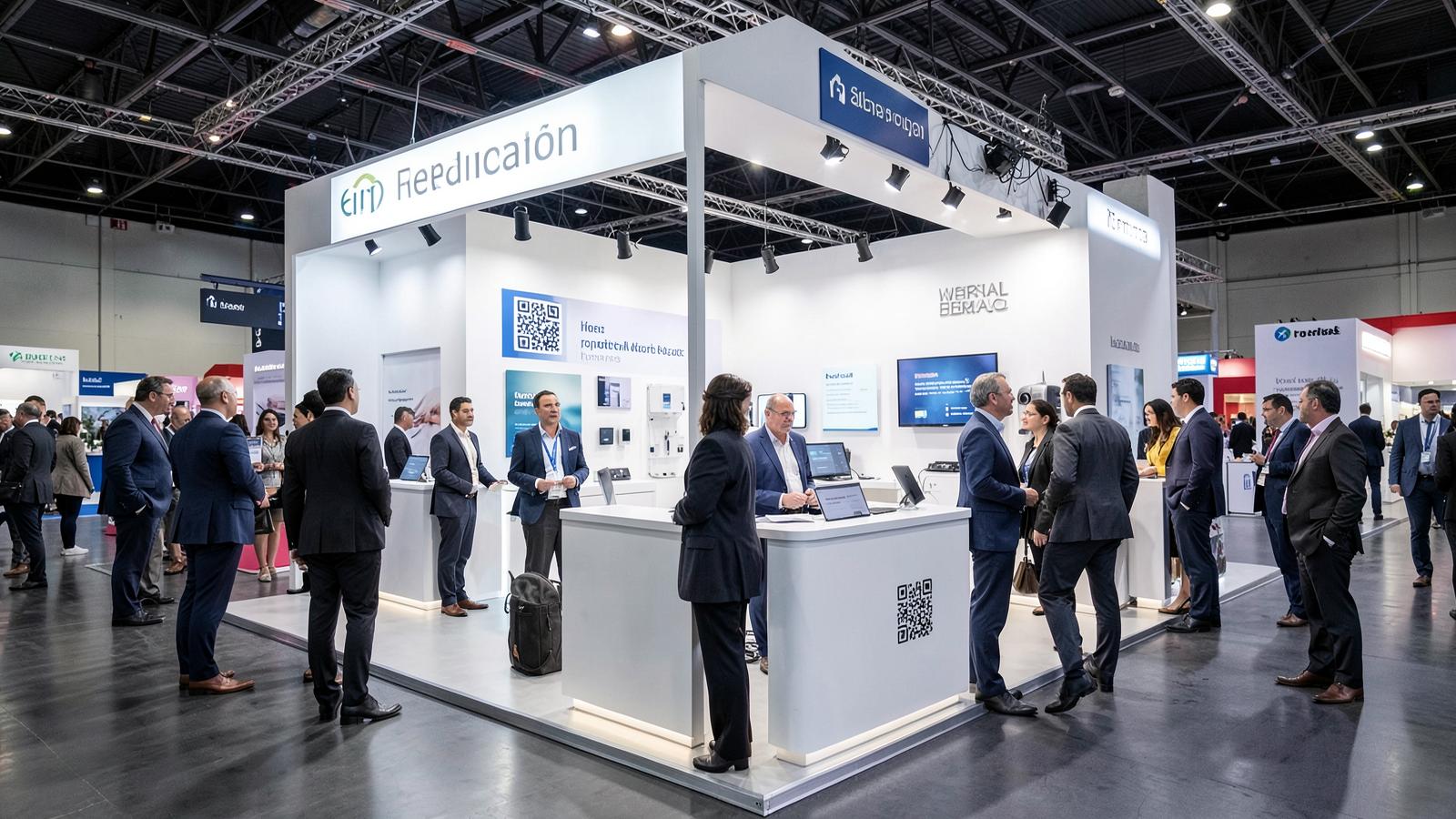Visitantes interagindo com produtos, sinalização e recursos digitais em um stand