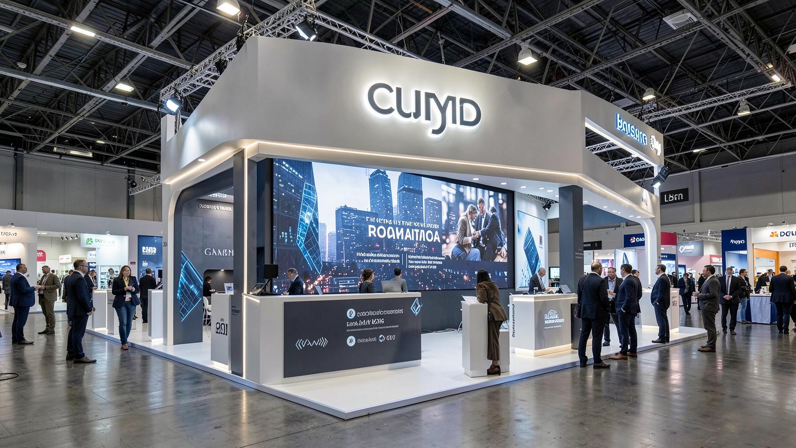 Stand com marca elevada, painel principal e informações organizadas por distância