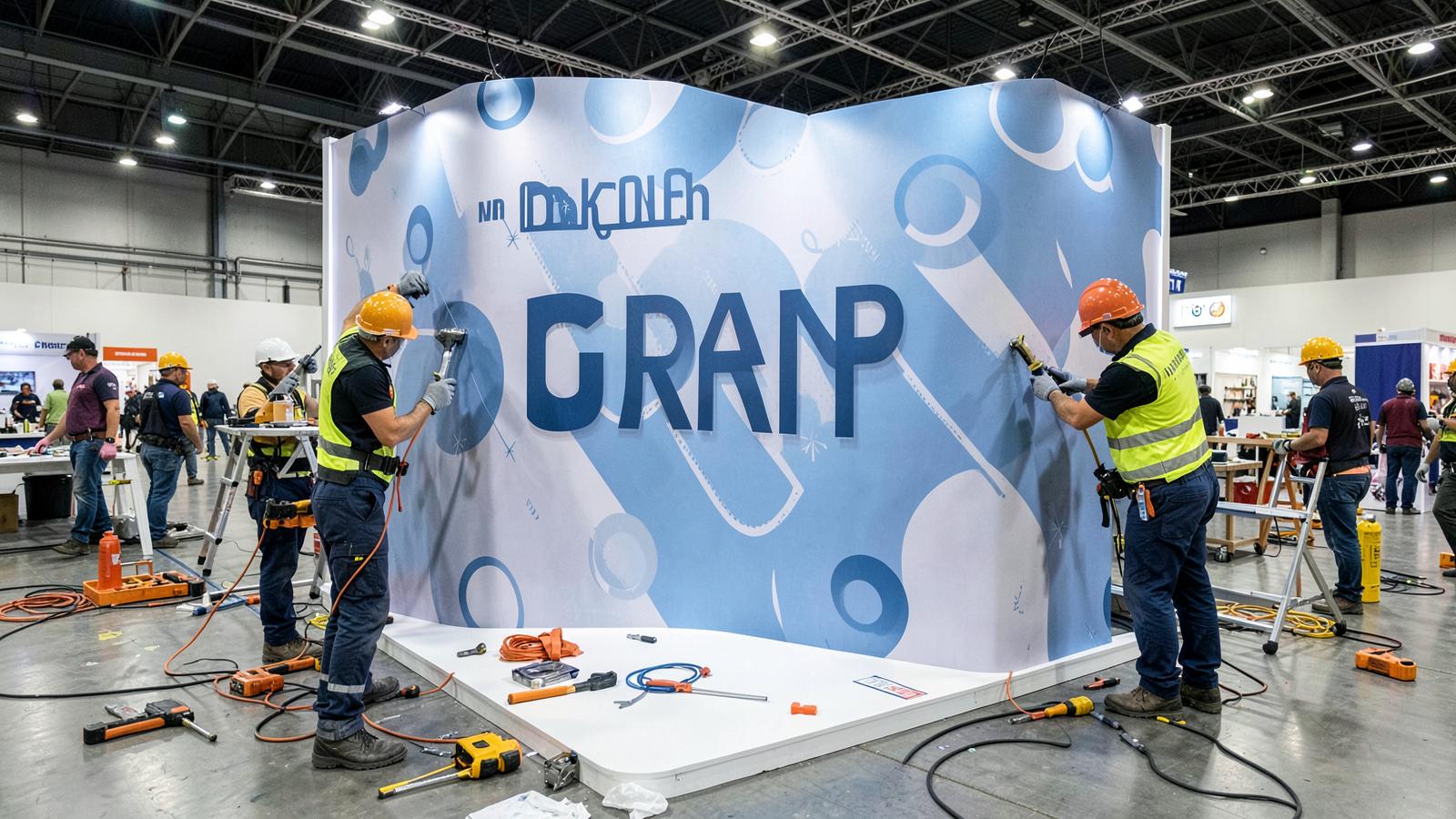 Instaladores aplicando comunicação visual de grande formato em um stand