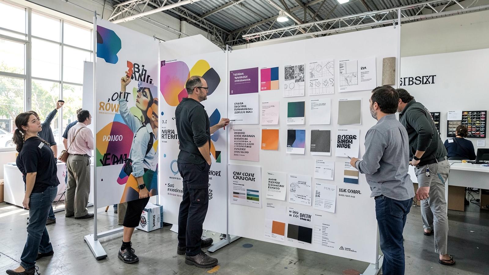 Equipe avaliando cores, grafismos e materiais para comunicação visual de um stand