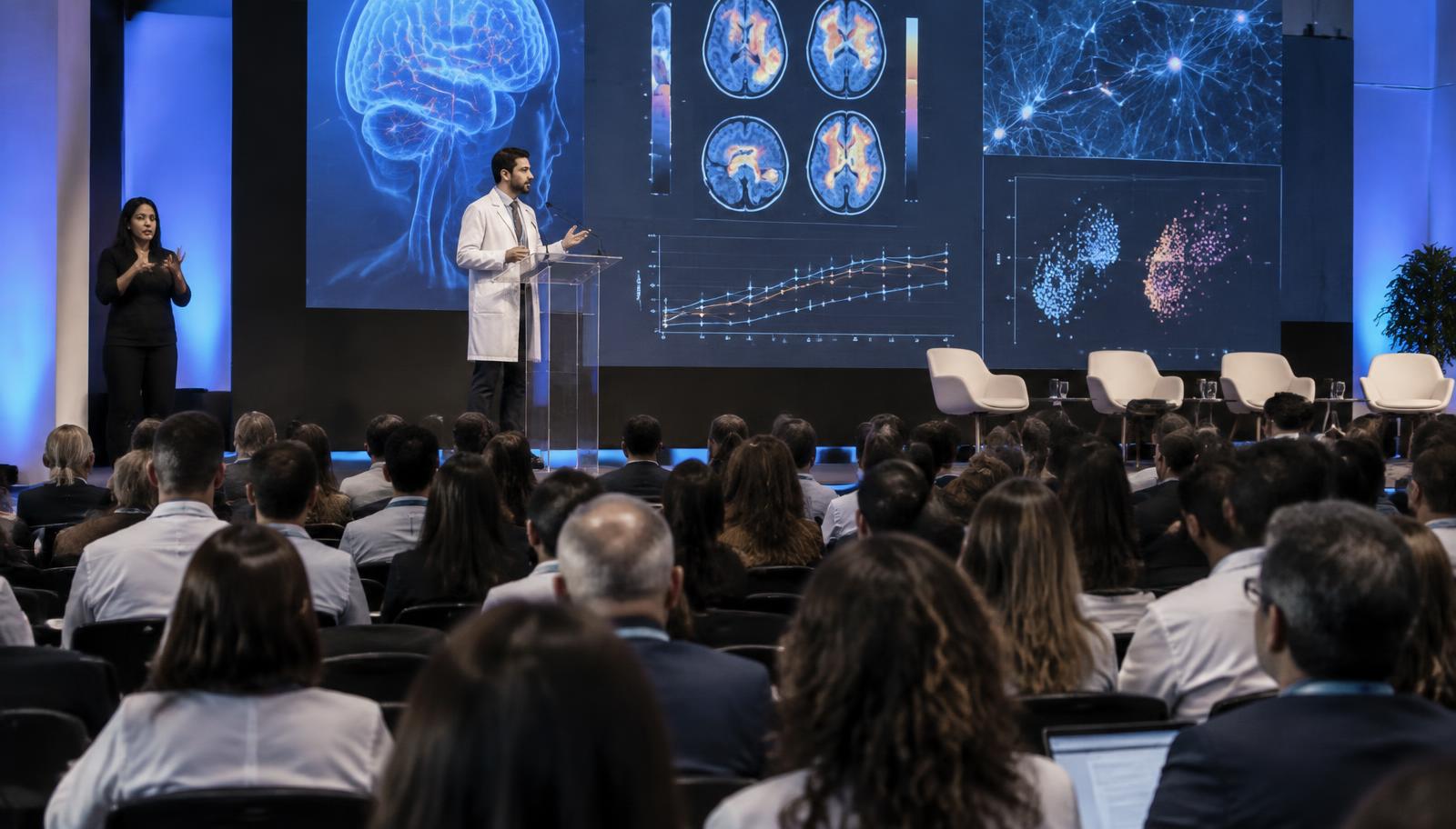 Palestrante apresenta conteúdo científico em auditório acessível de congresso médico