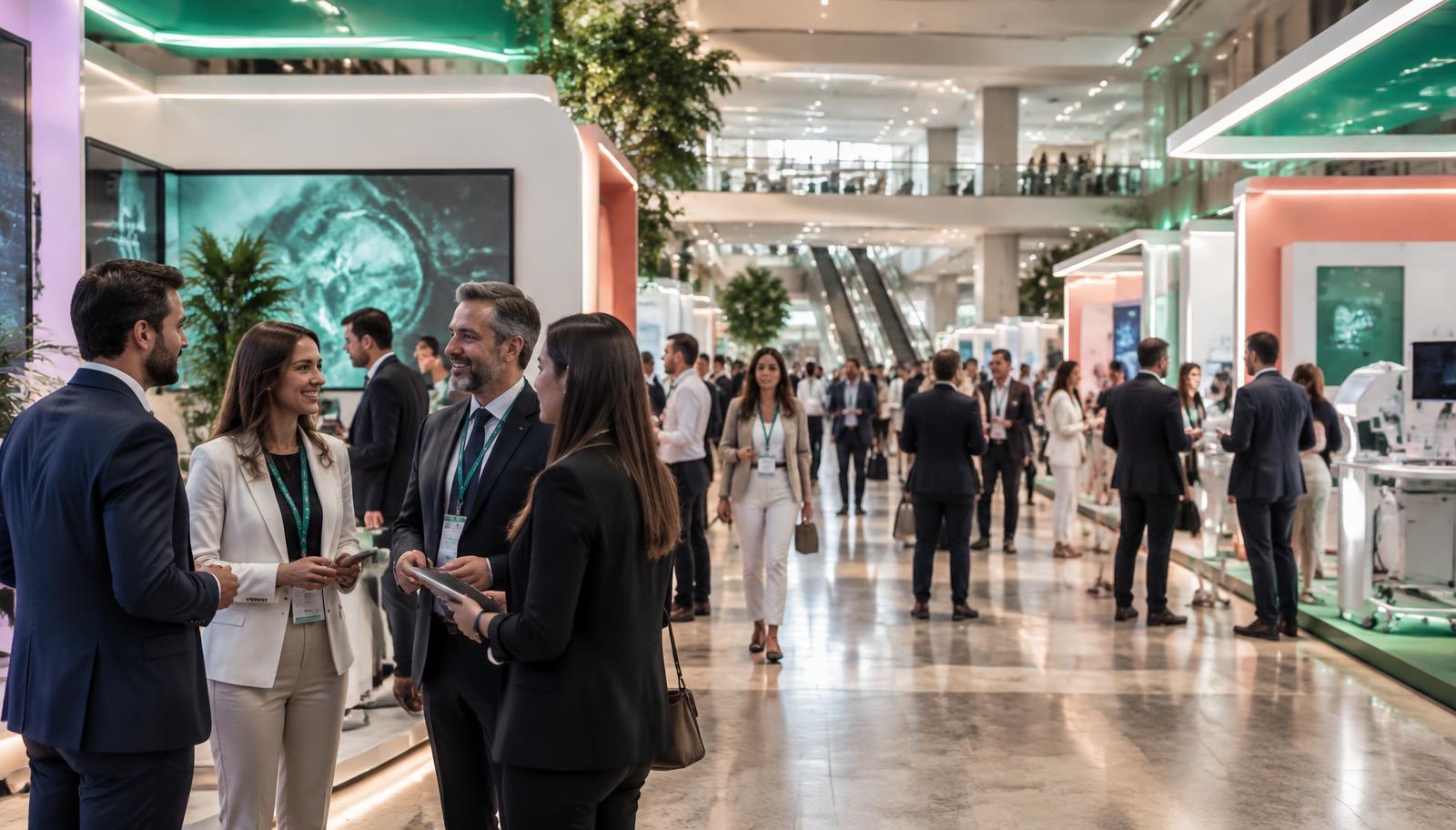 Profissionais de saúde conversam entre stands de tecnologia durante um congresso médico