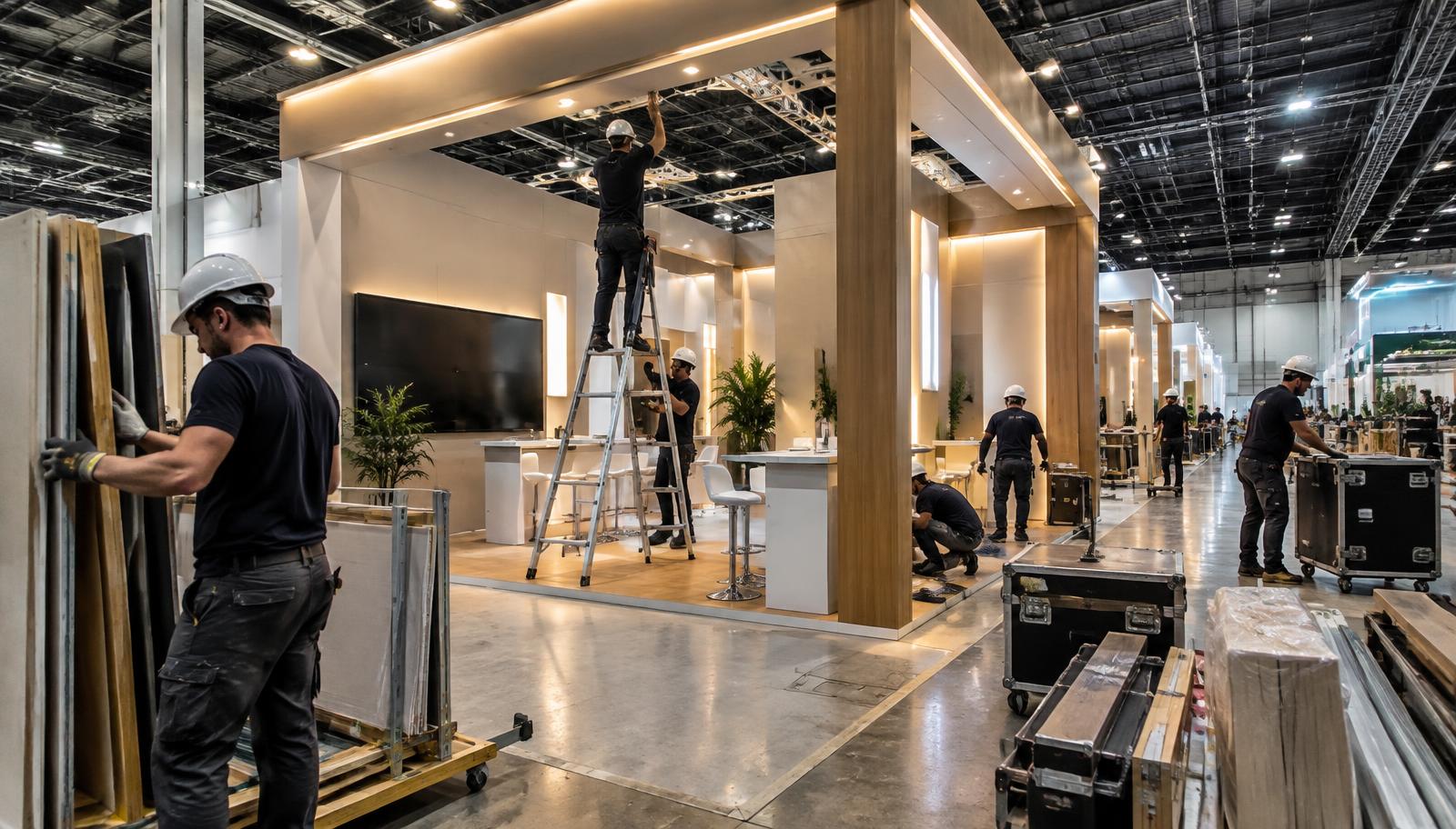 Equipe técnica instala estrutura e iluminação de stand antes de congresso médico