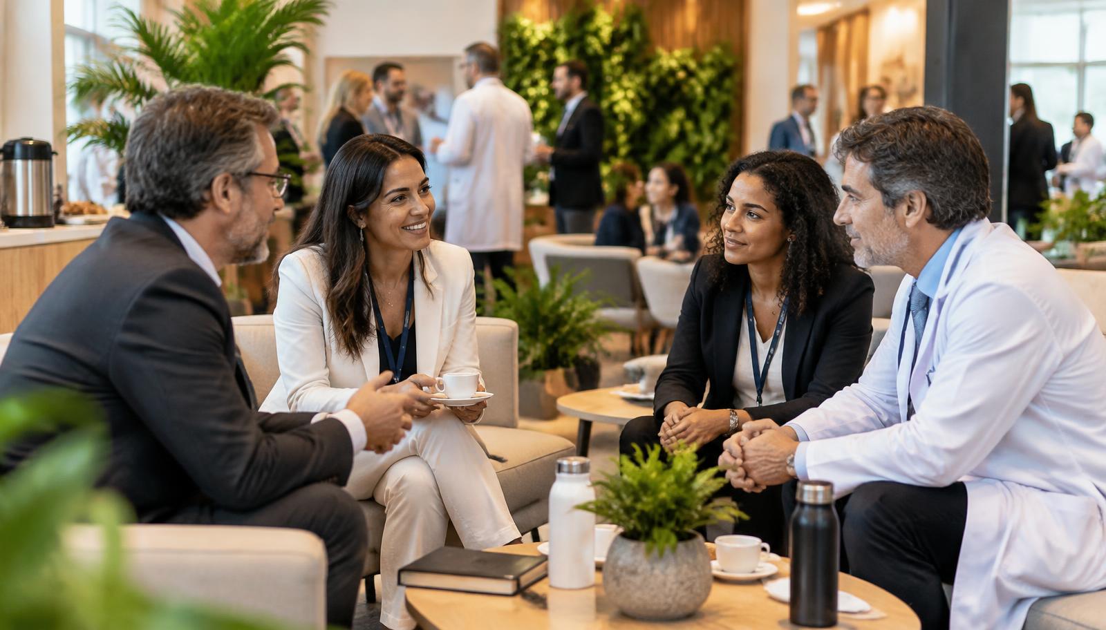 Profissionais de saúde e representantes conversam em lounge de congresso médico