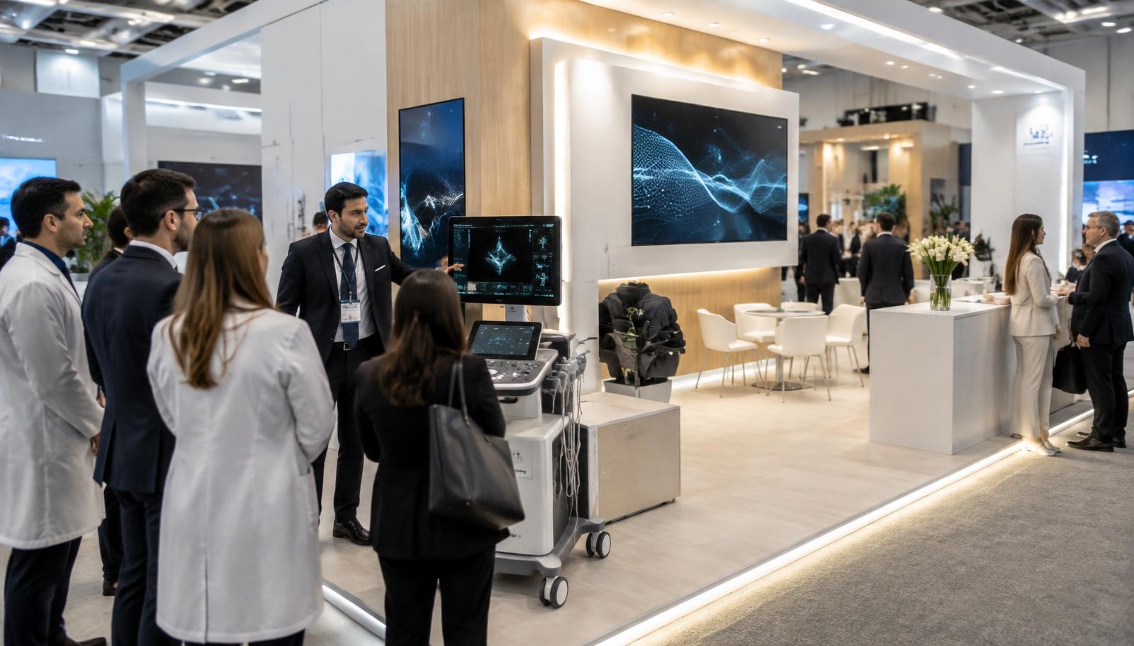 Especialista demonstra equipamento de diagnóstico em stand de tecnologia médica