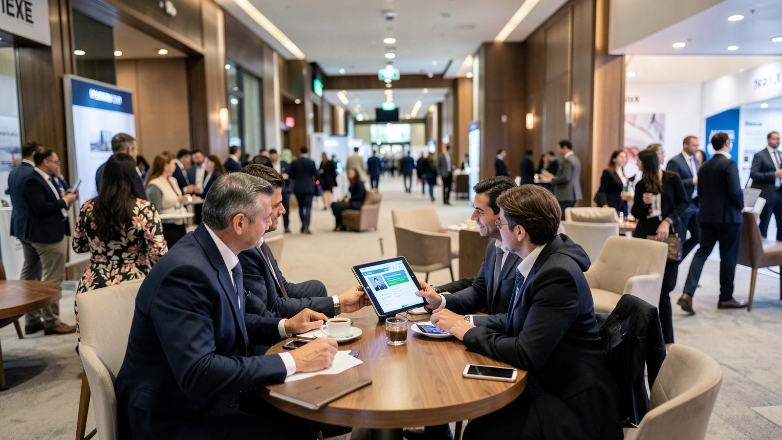 Reunião comercial em lounge de stand durante evento corporativo