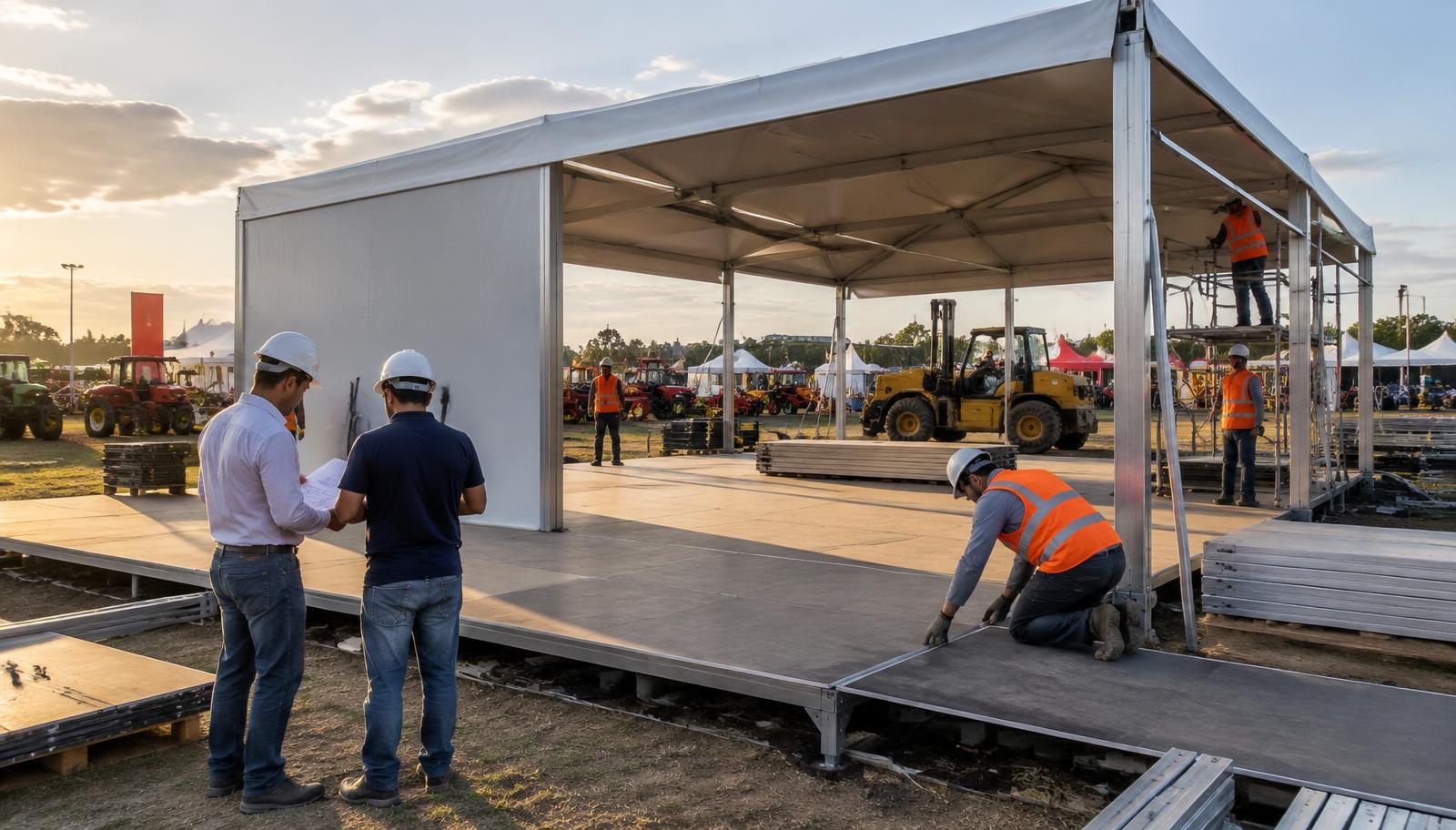 Montagem técnica de piso e tenda para stand em parque de feira agrícola