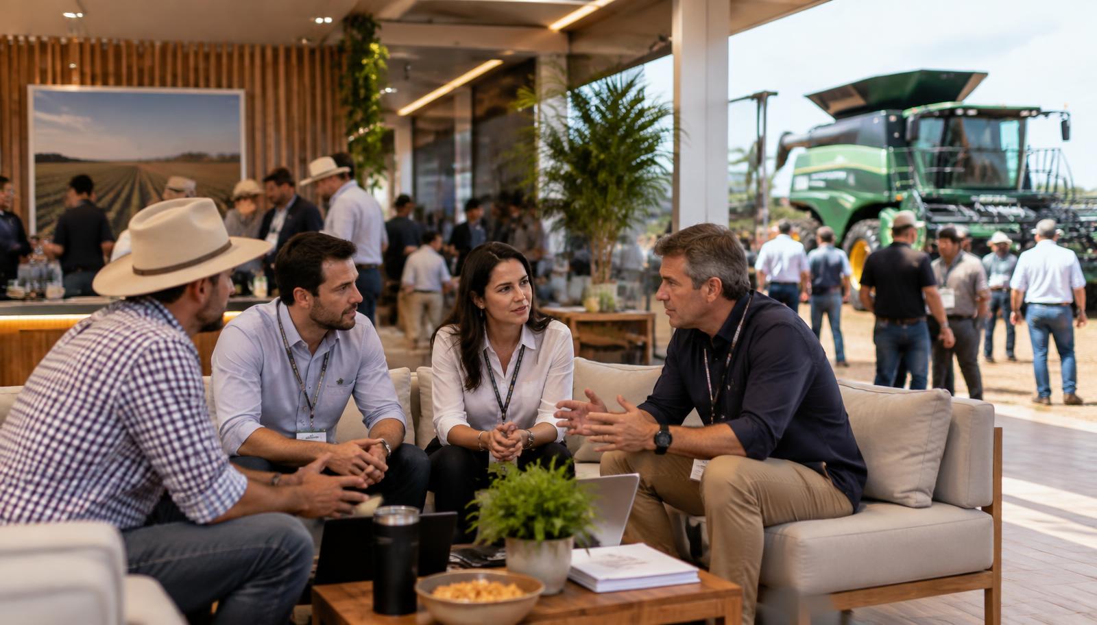 Reunião comercial dentro de stand em feira agrícola com máquina exposta ao fundo