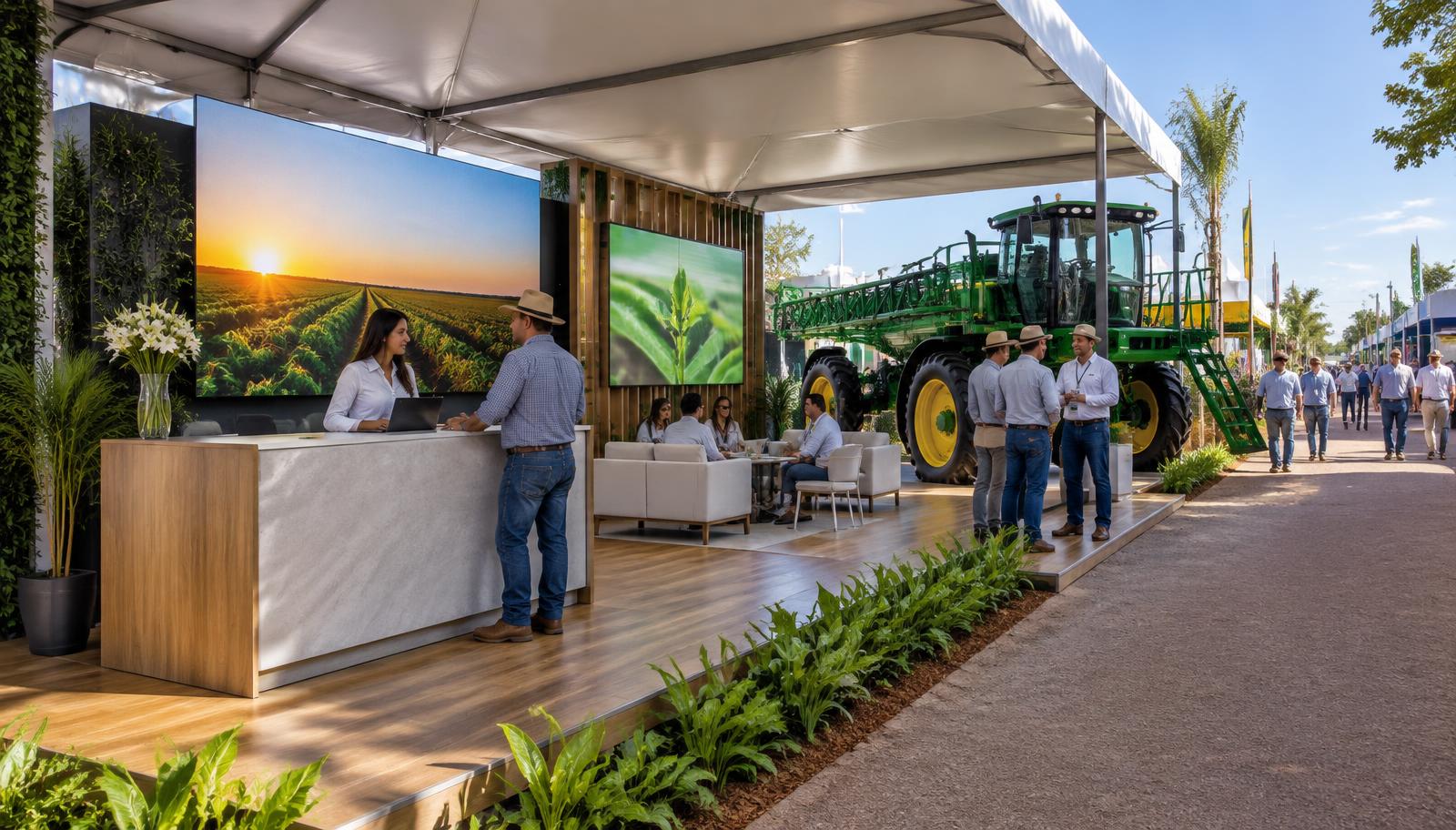 Stand externo sob tenda com recepção, lounge e máquina agrícola exposta