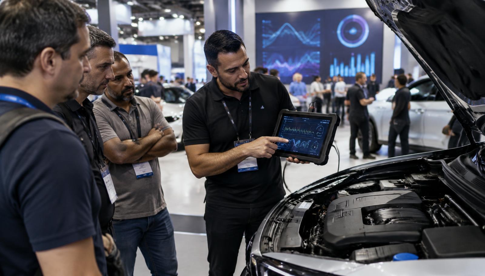 Especialista apresenta scanner de diagnóstico automotivo para profissionais durante uma feira