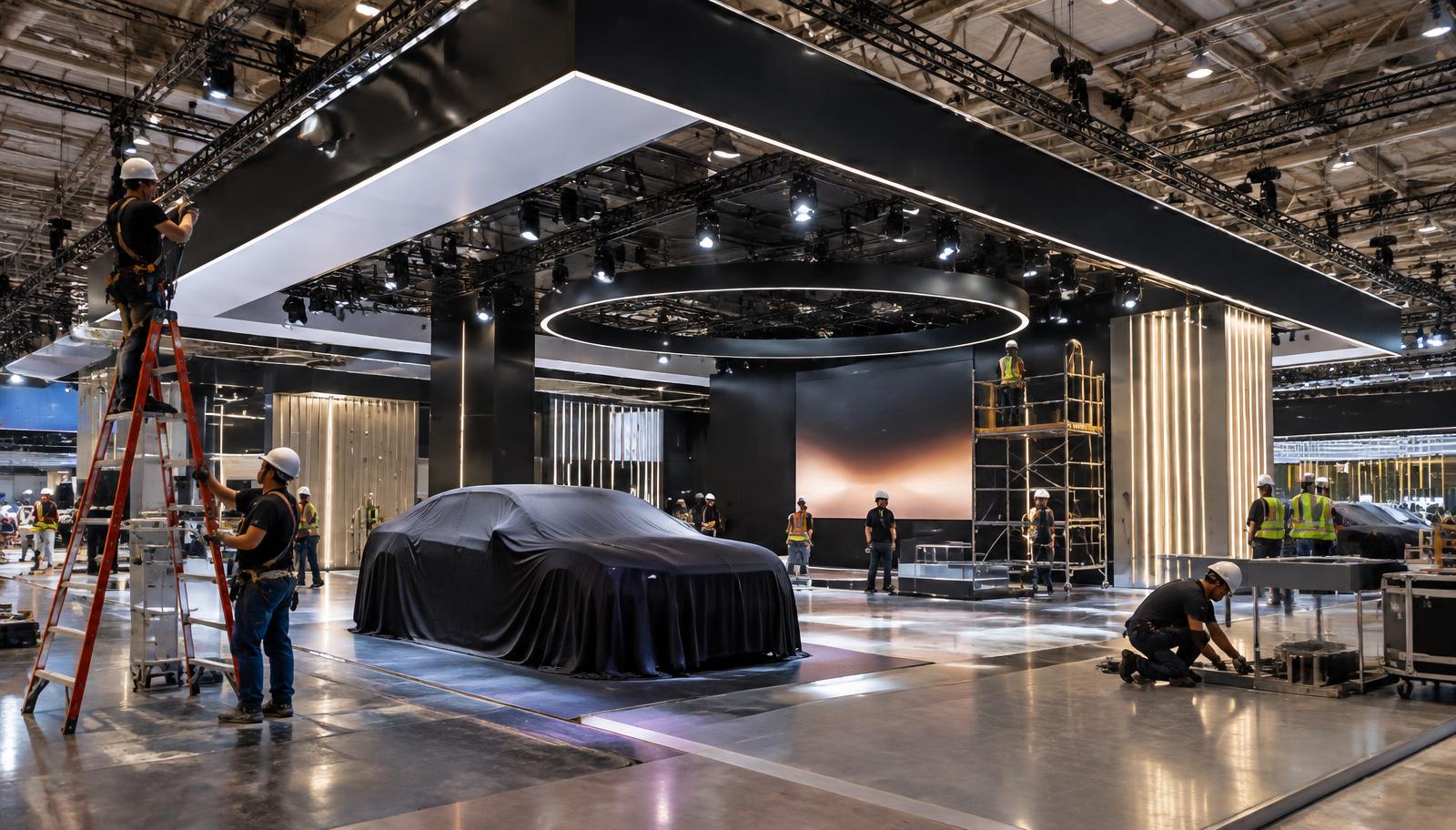 Equipe técnica instala estrutura e iluminação de stand automotivo antes da abertura da feira