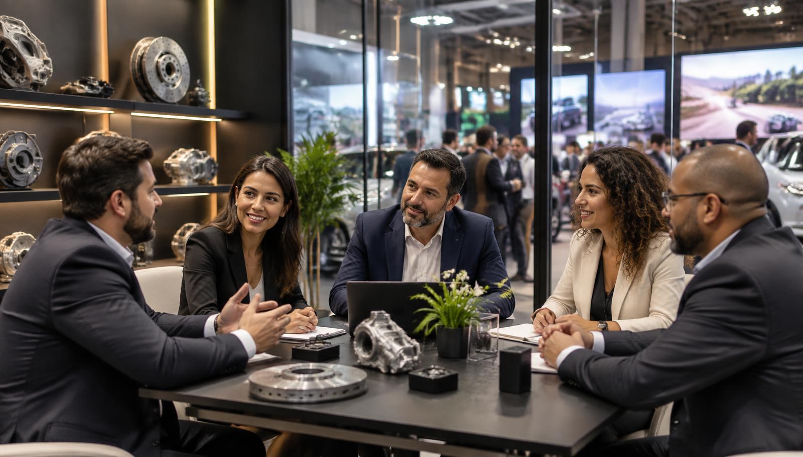Compradores e representantes conversam em uma sala de reunião dentro de stand automotivo