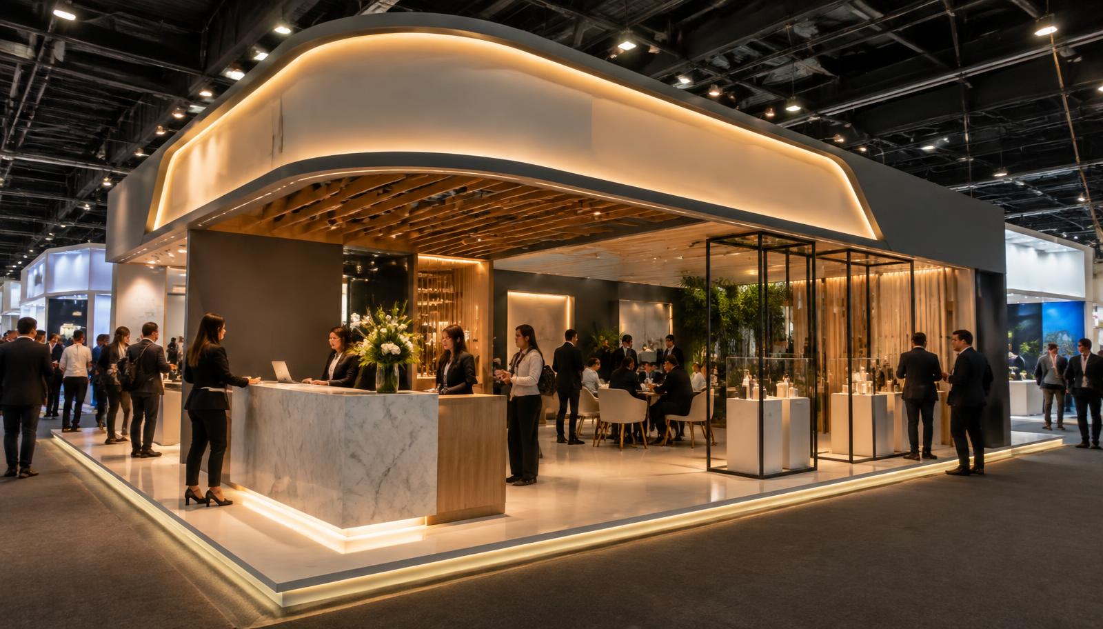 Stand premium em feira de negócios com iluminação arquitetônica quente e produtos destacados