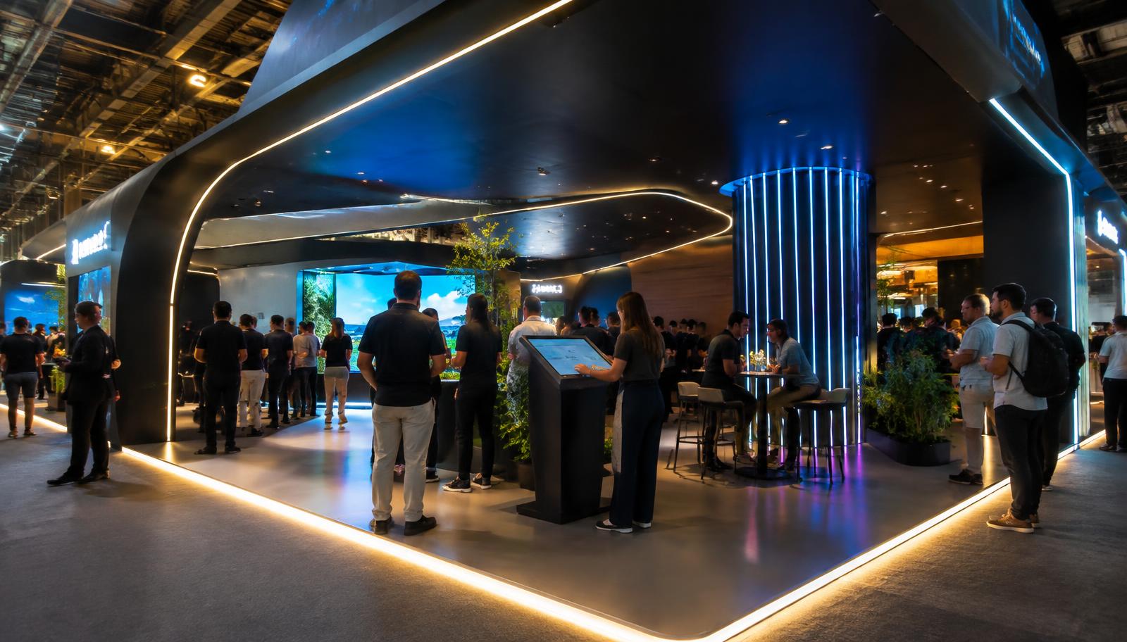 Experiência interativa em stand com linhas de LED integradas e visitantes circulando
