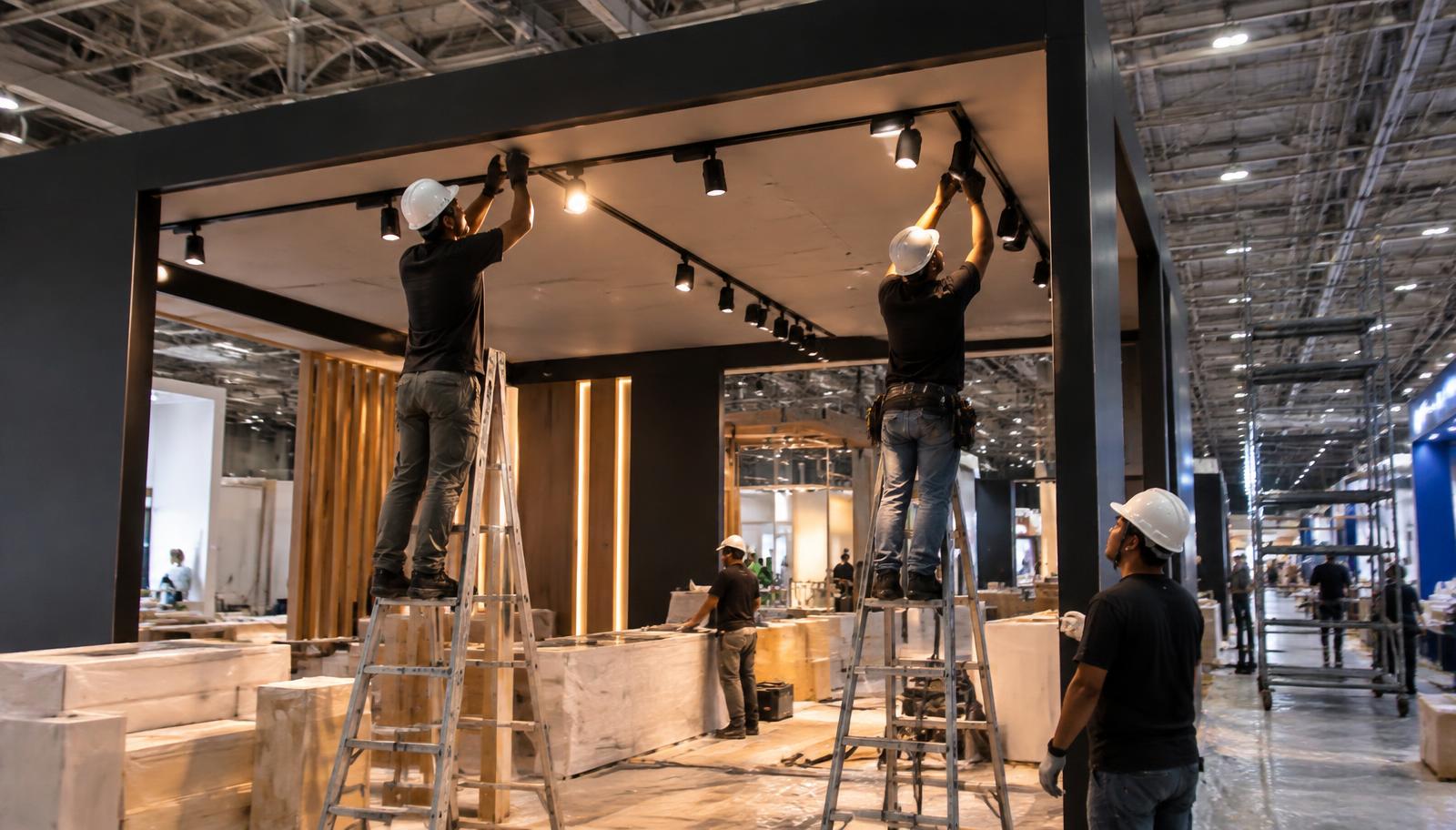 Técnicos instalando e regulando trilhos de iluminação durante a montagem de um stand