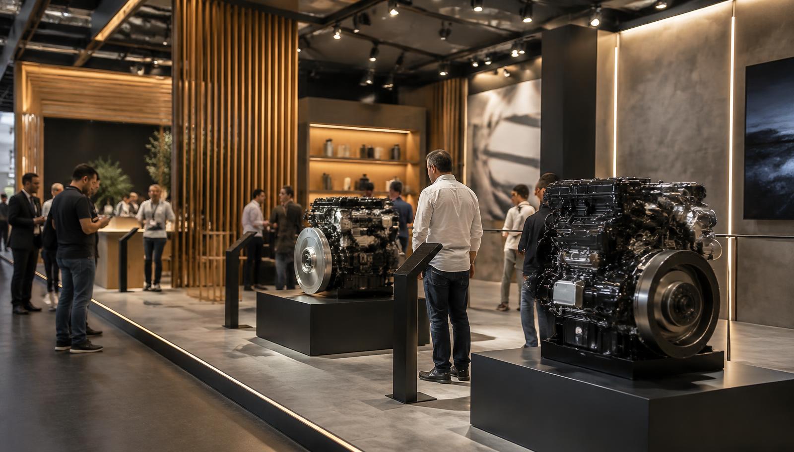Produtos industriais expostos em stand com focos direcionados e luz de alta fidelidade