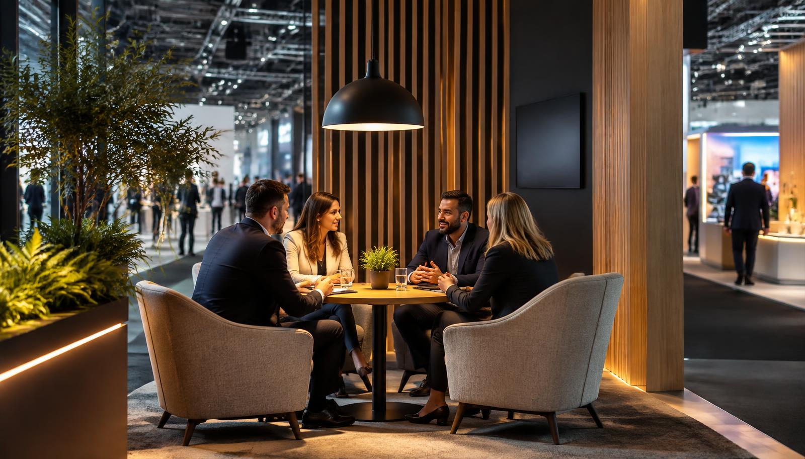 Reunião comercial em lounge de stand com iluminação indireta quente e confortável