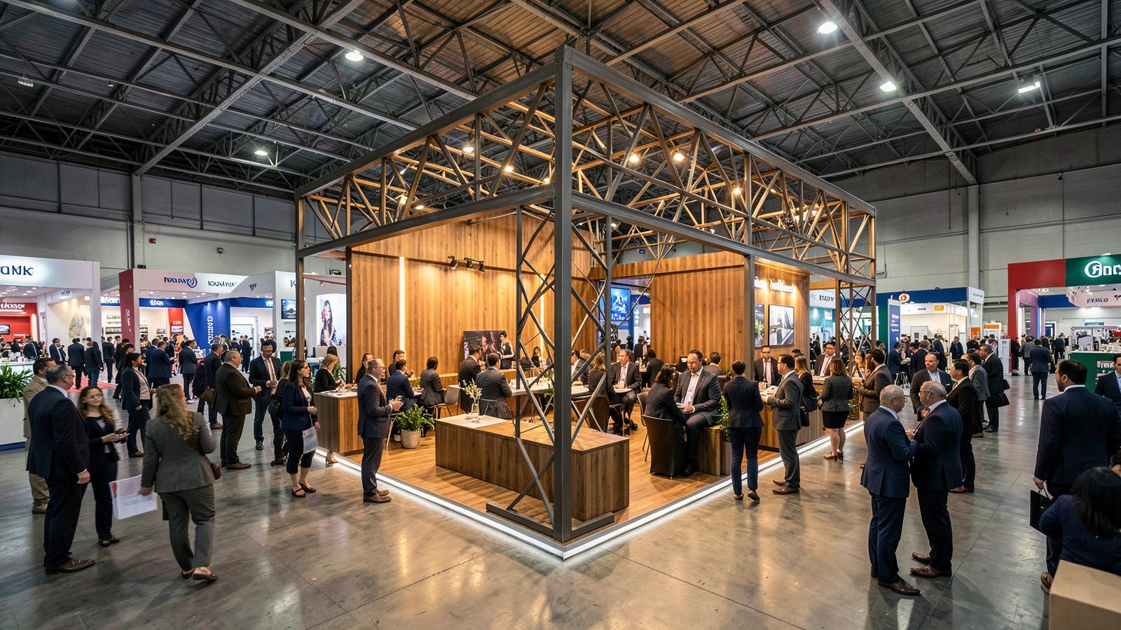 Feira corporativa movimentada com stand premium e reuniões de negócios