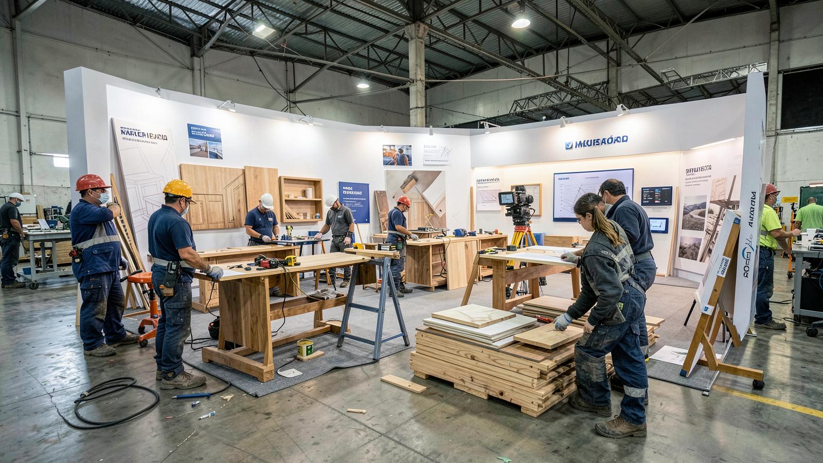 Equipe organizada executando a montagem de um stand em pavilhão de eventos