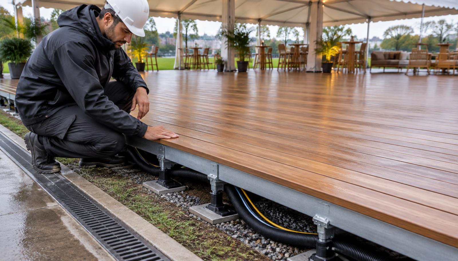 Inspeção de piso deck elevado com drenagem e instalações protegidas sob a estrutura