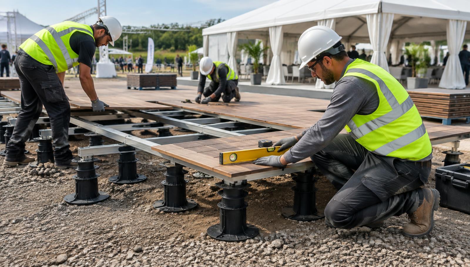 Equipe técnica nivelando a base de um piso deck em área externa de evento
