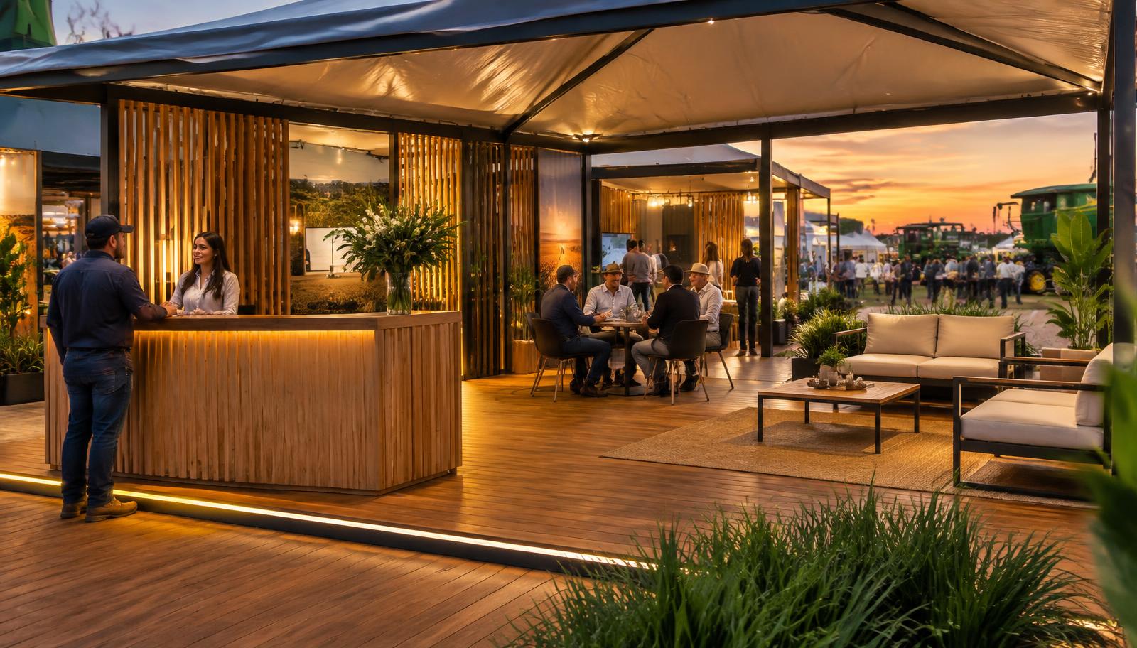 Stand externo concluído com piso deck, recepção e lounge iluminado ao entardecer