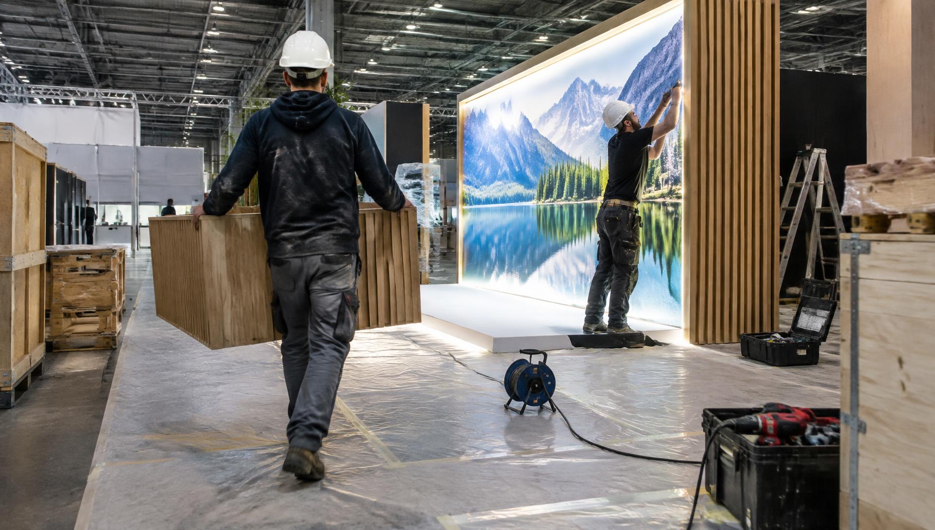 Montadores com equipamentos de proteção instalando painel iluminado e marcenaria de stand em pavilhão