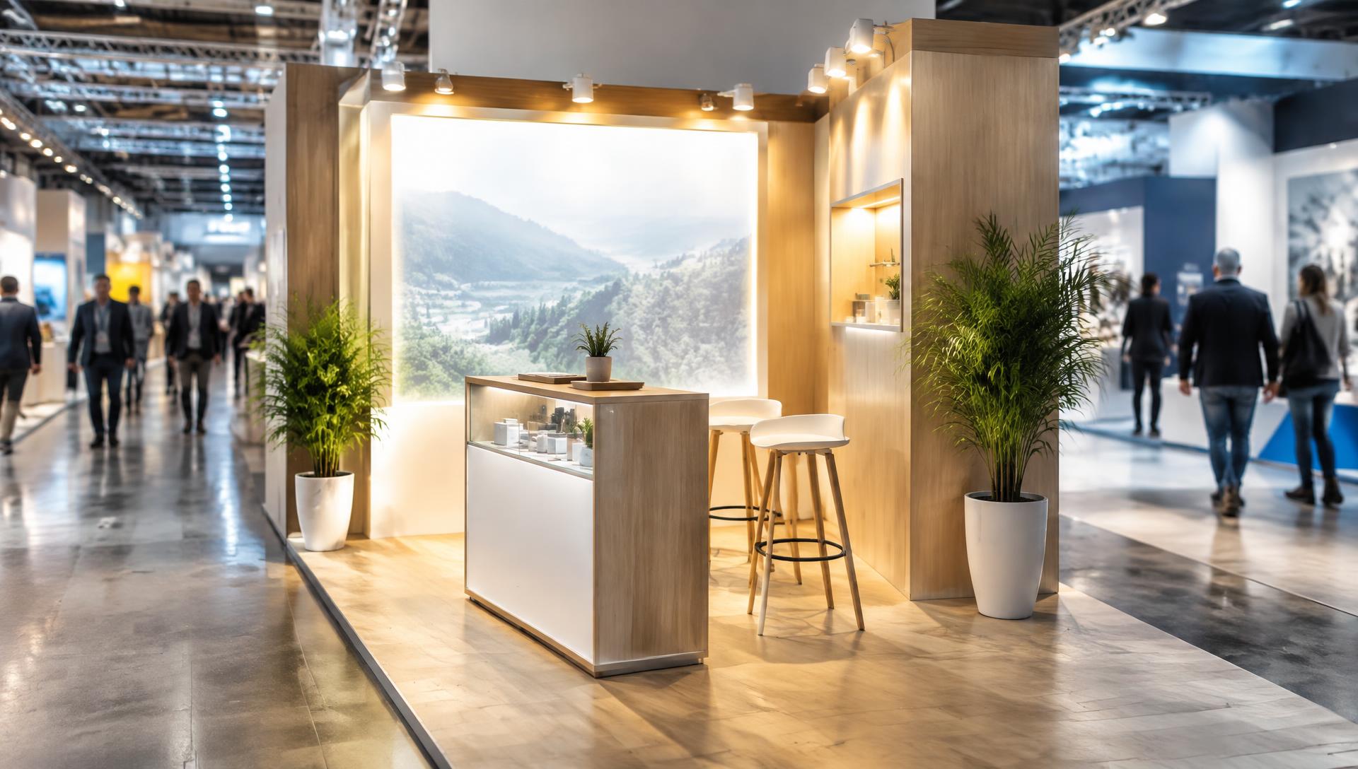 Stand compacto e bem acabado em pavilhão de feira, com painel iluminado, balcão e bancos de atendimento